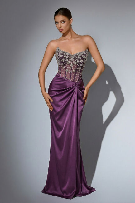 Antrasit Islak Kumaş Drapeli Sırt Detaylı Abiye Elbise 78 - MOR SPOSA