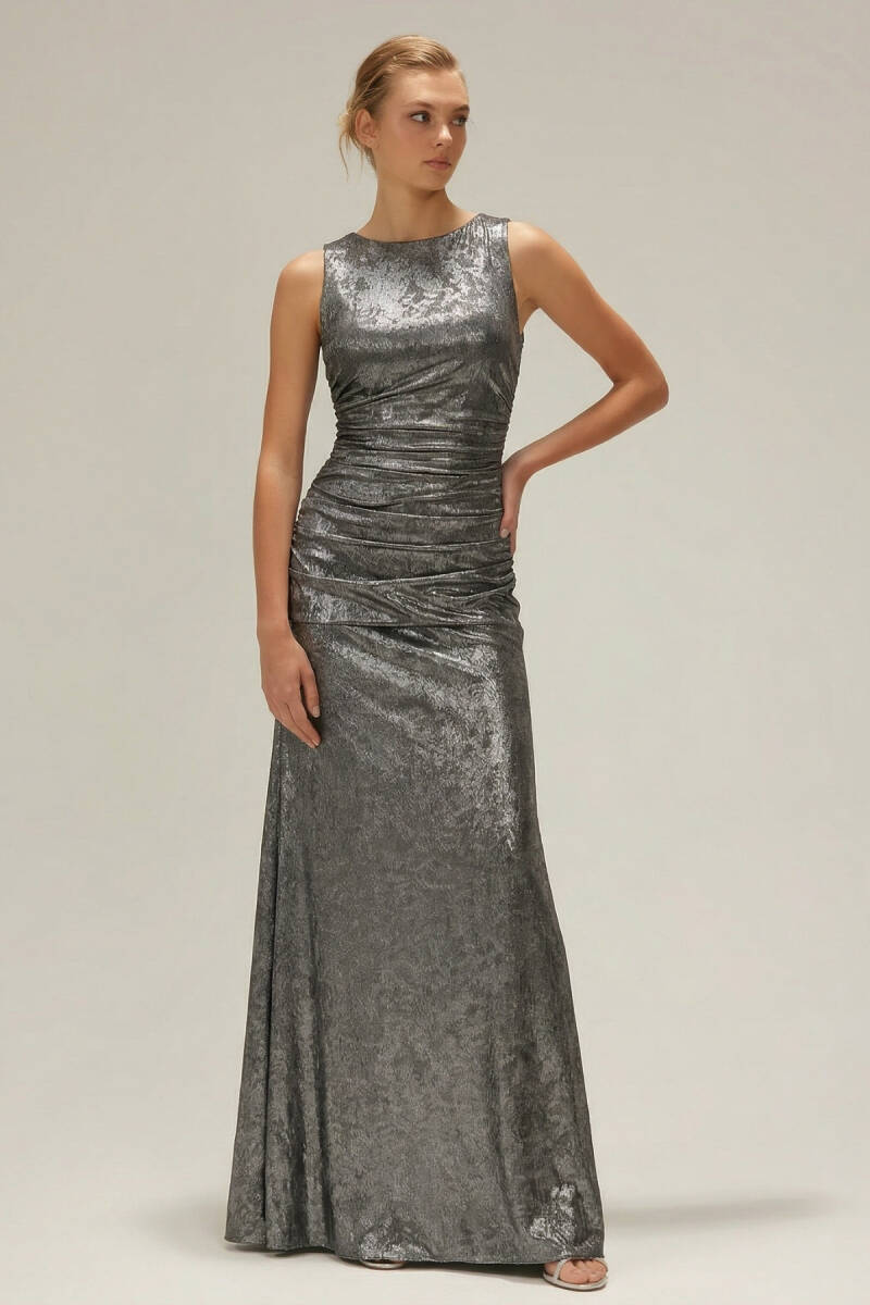 Antrasit Islak Kumaş Drapeli Sırt Detaylı Abiye Elbise 78 - 1