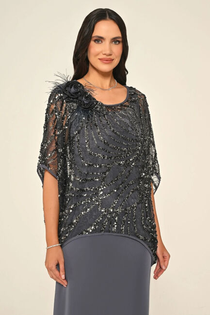 Antrasit Üstü Payetli Omzu Çiçek Aksesuarlı Büyük Beden Abiye 15 - 2