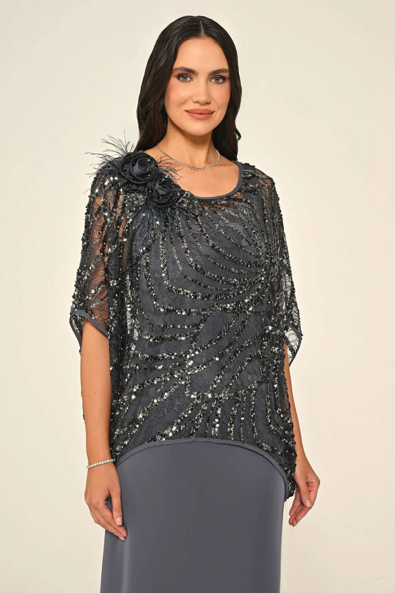 Antrasit Üstü Payetli Omzu Çiçek Aksesuarlı Büyük Beden Abiye 15 - 2