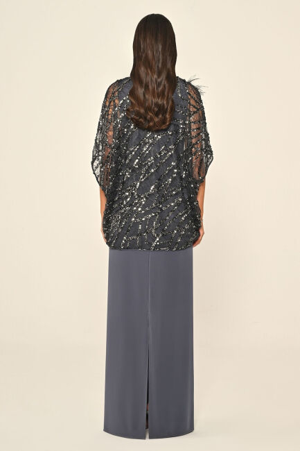 Antrasit Üstü Payetli Omzu Çiçek Aksesuarlı Büyük Beden Abiye 15 - 4