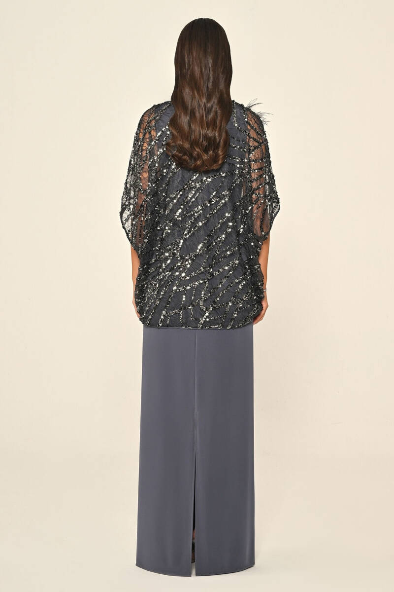 Antrasit Üstü Payetli Omzu Çiçek Aksesuarlı Büyük Beden Abiye 15 - 4