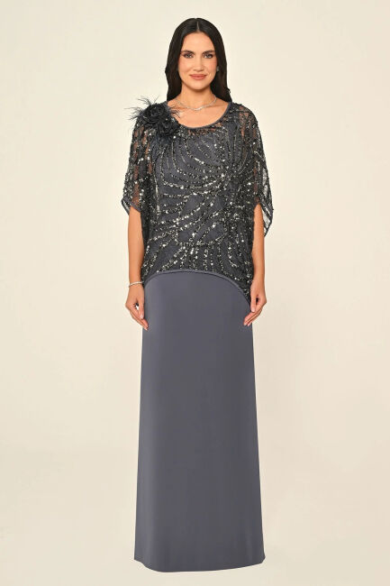 Antrasit Üstü Payetli Omzu Çiçek Aksesuarlı Büyük Beden Abiye 15 - ALFABETA