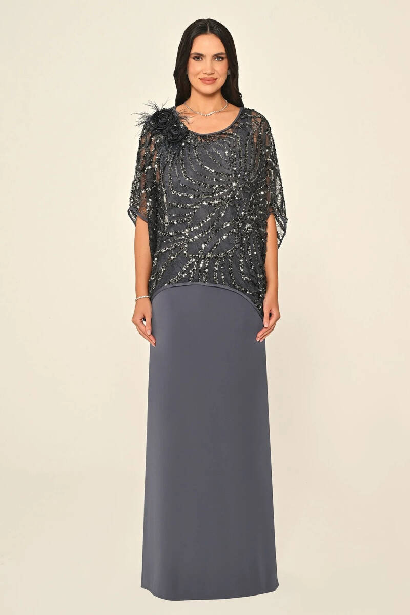 Antrasit Üstü Payetli Omzu Çiçek Aksesuarlı Büyük Beden Abiye 15 - 1