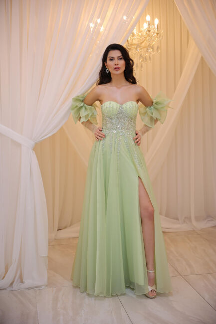 Apple green strapless portable tulle embroidered slit dress dress 32 