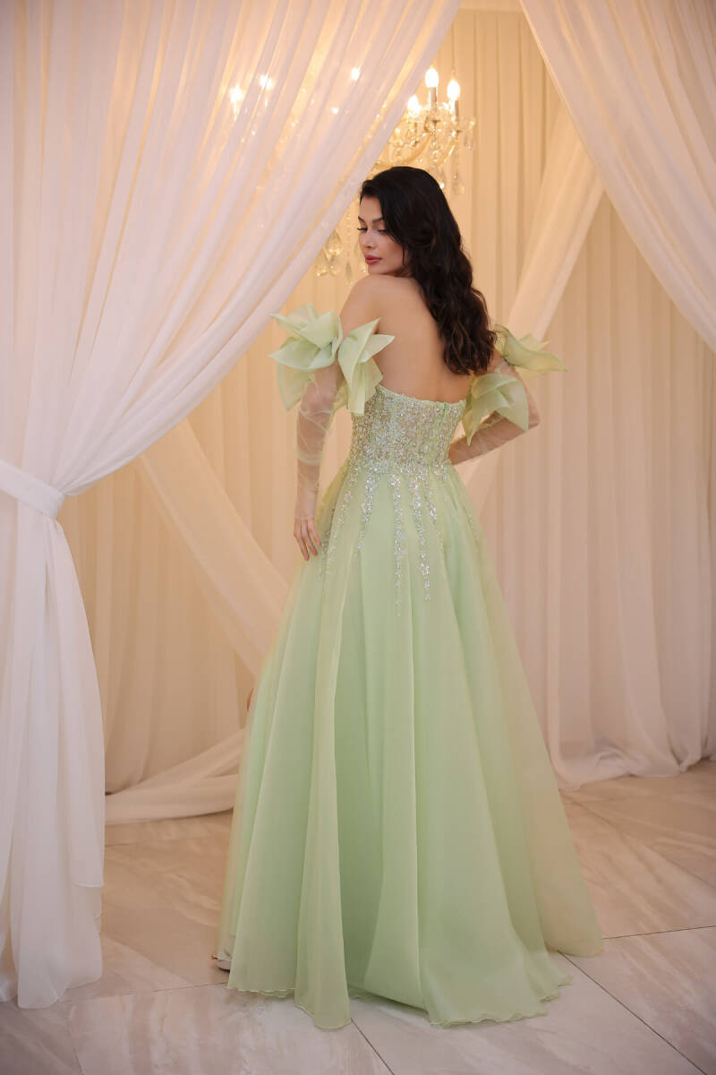 Apple green strapless portable tulle embroidered slit dress dress 32 - 4