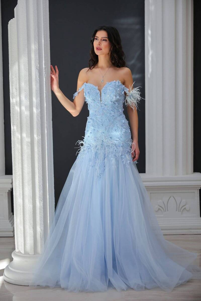 Baby Blue Rope Hang Embroidered Herbs Fish Evening Dress 48 - 1