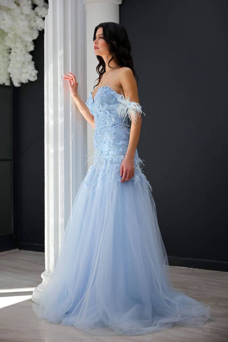 Baby Blue Rope Hang Embroidered Herbs Fish Evening Dress 48 - 3
