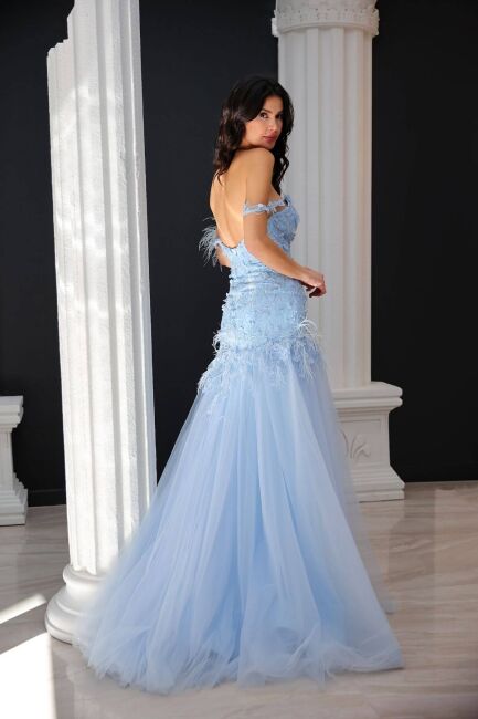 Baby Blue Rope Hang Embroidered Herbs Fish Evening Dress 48 - 4