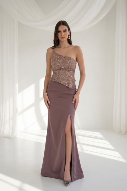 Bakır Asimetrik Yaka Gepiyerli İşlemeli Balık Abiye Elbise 27 - DRESSİNG ROOM