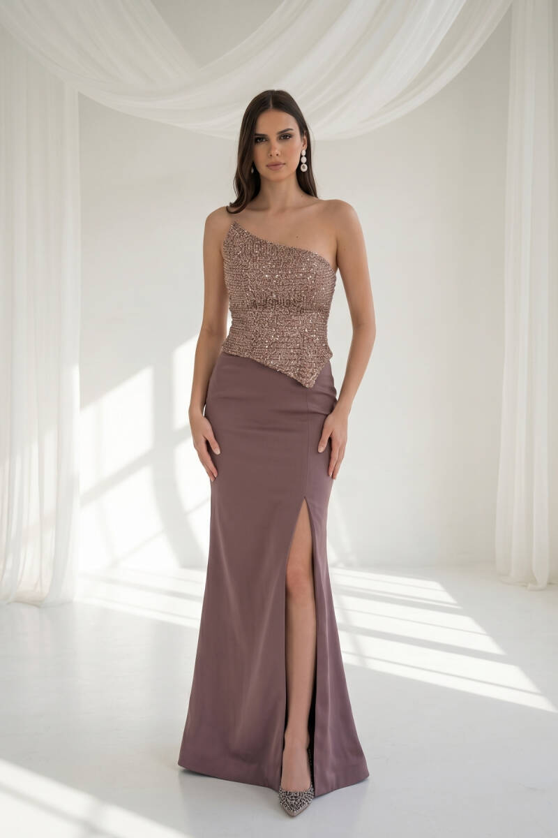 Bakır Asimetrik Yaka Gepiyerli İşlemeli Balık Abiye Elbise 27 - 1