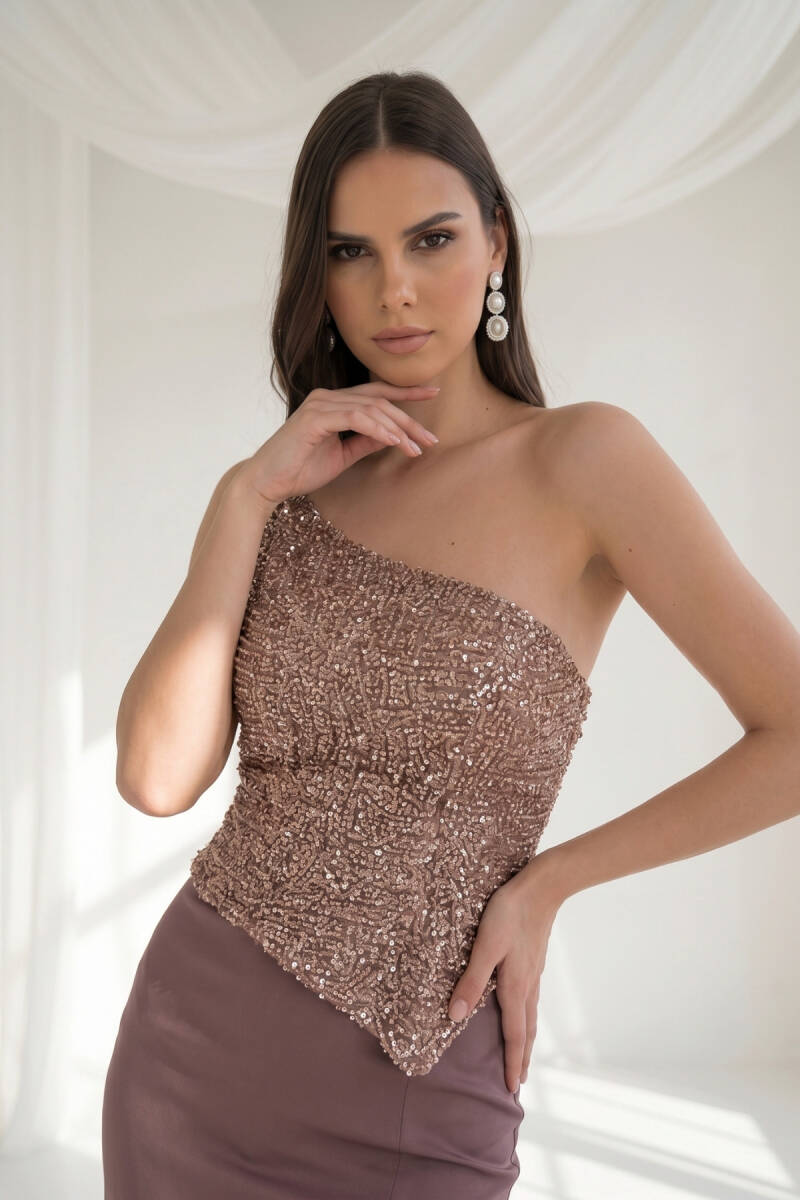 Bakır Asimetrik Yaka Gepiyerli İşlemeli Balık Abiye Elbise 27 - 2