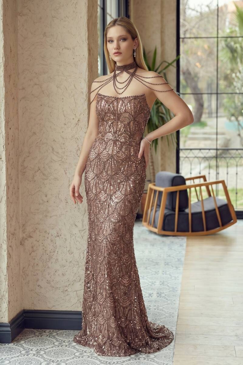 Bakır Boynu Tasmalı Straplez Göğsü İncili Dantel Abiye Elbise 96 - 1