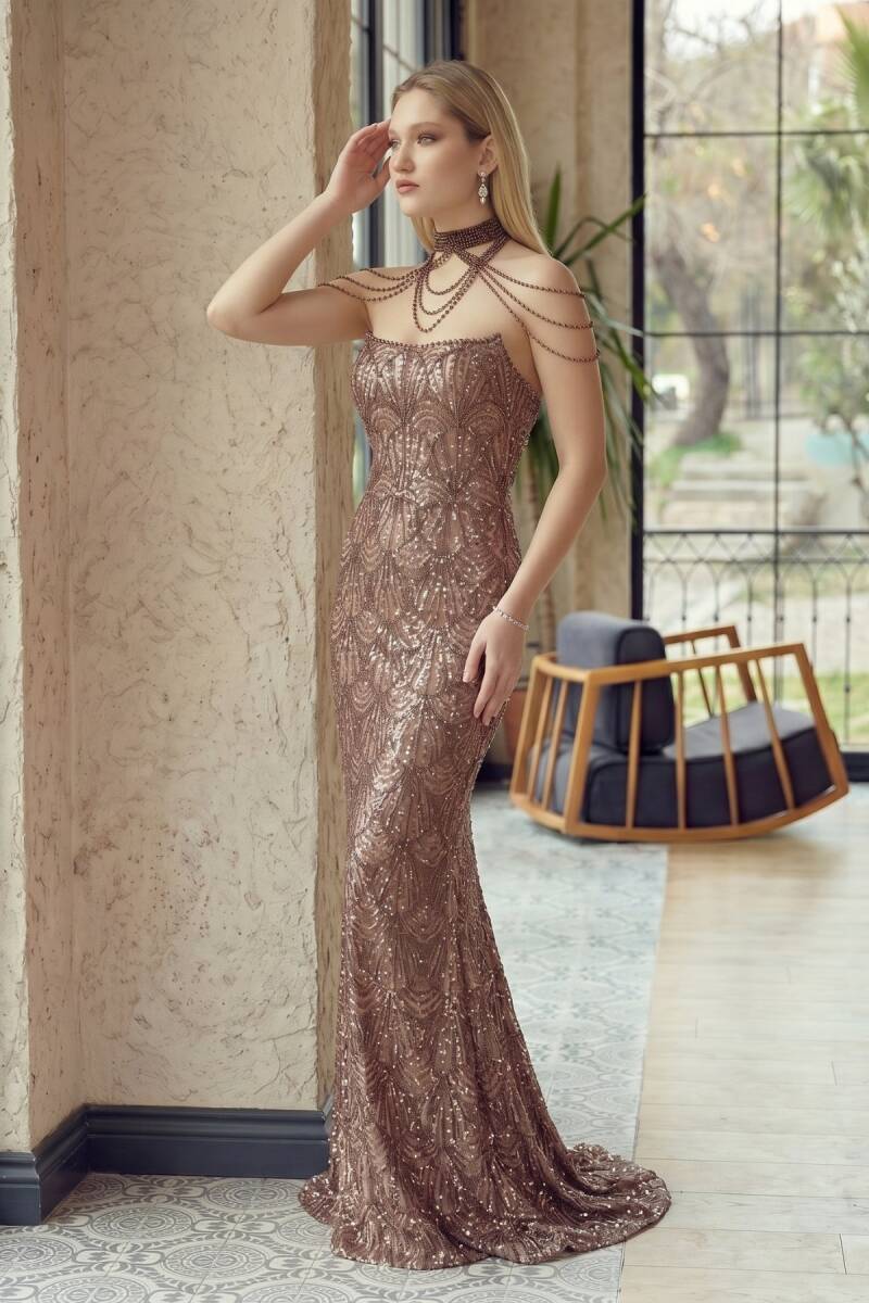 Bakır Boynu Tasmalı Straplez Göğsü İncili Dantel Abiye Elbise 96 - 2