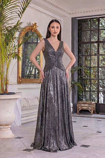 Bakır Ön Arka V Drapeli Düğmeli Kloş Büyük Beden Abiye 36 - DRESSİNG ROOM