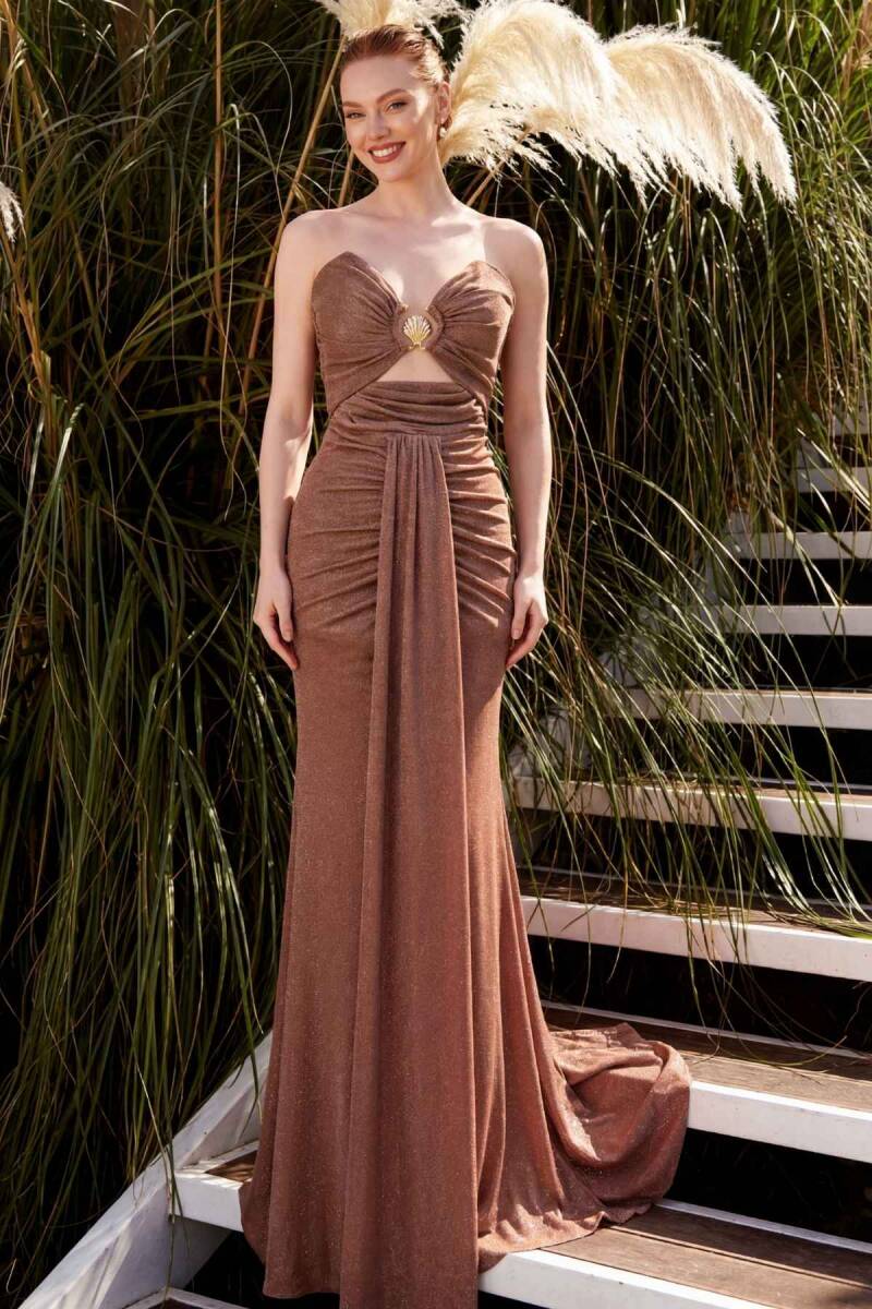 Bakır Straplez İstiridyeli Yırtmaçlı Simli Kumaş Abiye Elbise 22 - 1