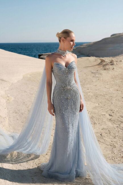 Bebe Mavisi Sivri Yaka Pelerinli Balık İthal Abiye Elbise 24 - DRESSİNG ROOM