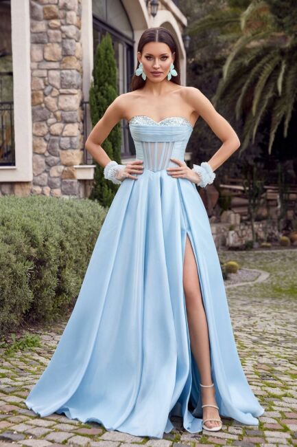 Bebe Mavisi Straplez Göğsü Payetli Mini Eldivenli Organze Abiye Elbise 49 - ÖMÜR İNN