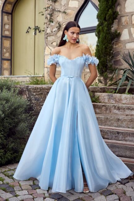 Bebe Mavisi Straplez Göğsü Taşlı Düşük Kol Kollar Çiçekli Abiye Elbise 71 - ÖMÜR İNN