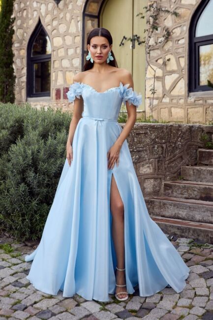 Bebe Mavisi Straplez Göğsü Taşlı Düşük Kol Kollar Çiçekli Abiye Elbise 71 - 2