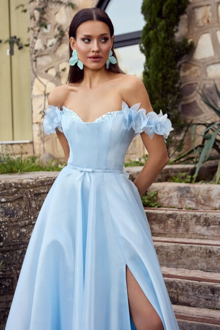 Bebe Mavisi Straplez Göğsü Taşlı Düşük Kol Kollar Çiçekli Abiye Elbise 71 - 5