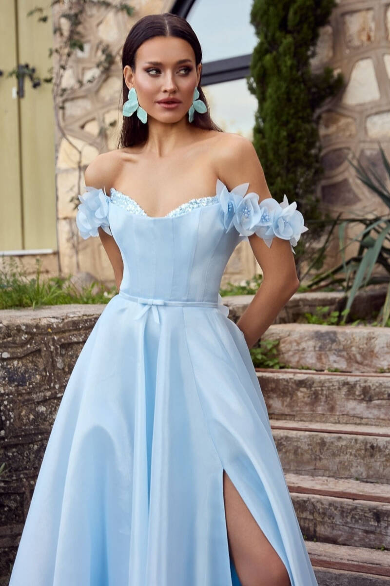 Bebe Mavisi Straplez Göğsü Taşlı Düşük Kol Kollar Çiçekli Abiye Elbise 71 - 5