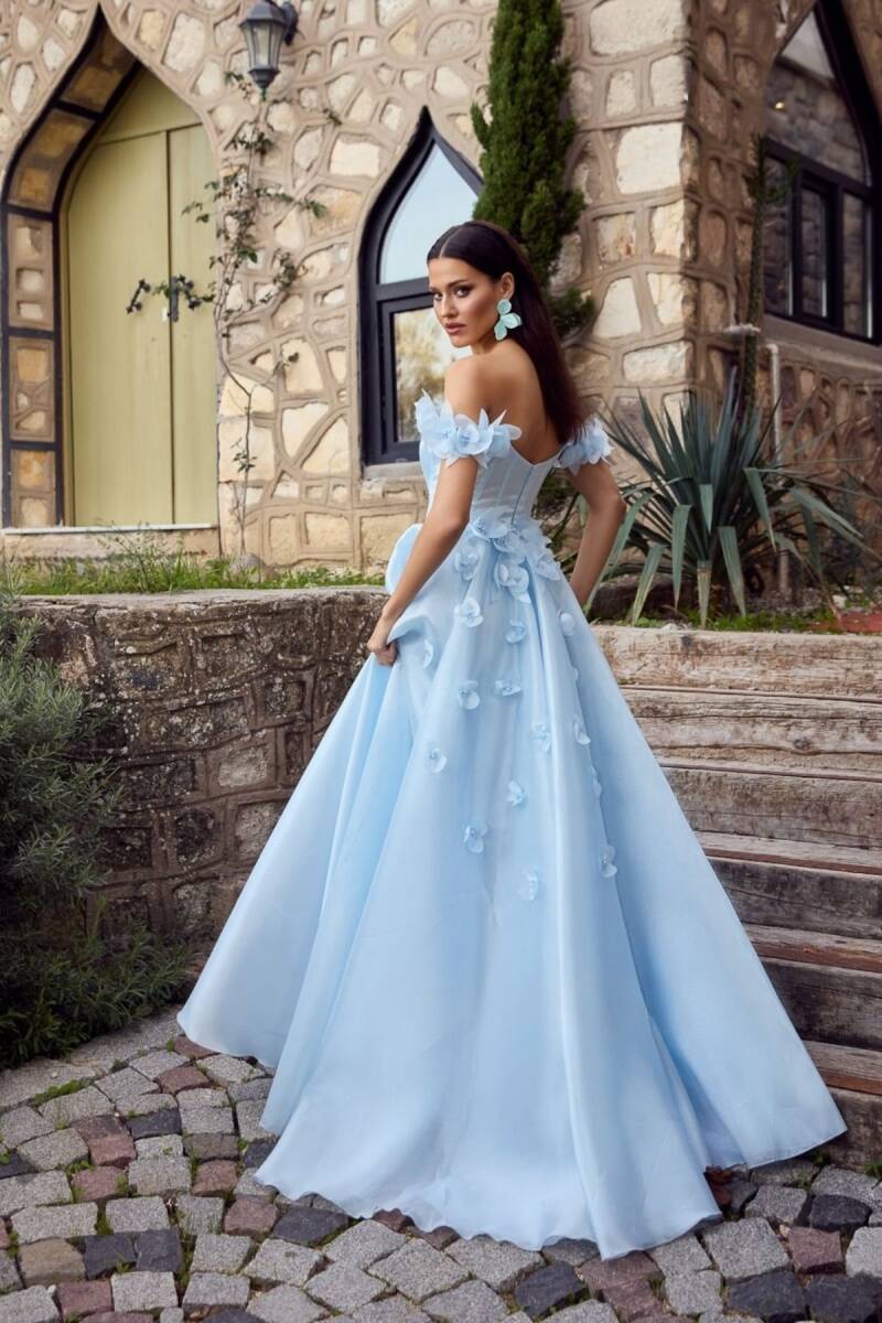 Bebe Mavisi Straplez Göğsü Taşlı Düşük Kol Kollar Çiçekli Abiye Elbise 71 - 6