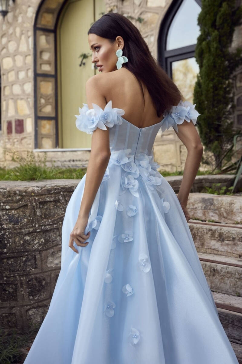 Bebe Mavisi Straplez Göğsü Taşlı Düşük Kol Kollar Çiçekli Abiye Elbise 71 - 7