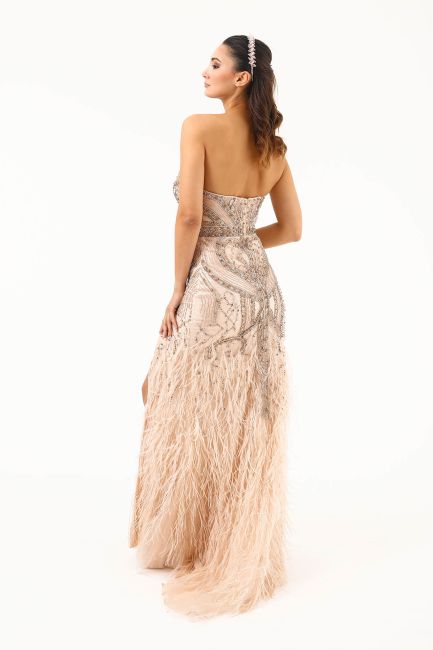 Beige strapless slit skirt furry embroidered imported evening dress 27 - 4