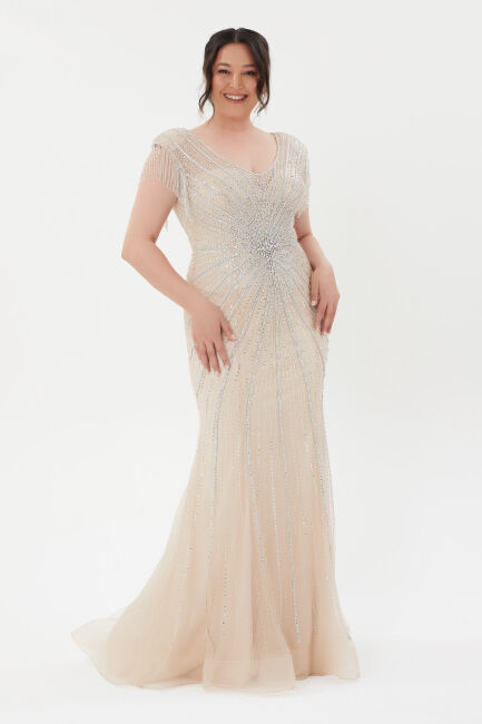 Bej Ön Arka V Kalın Askı Sarkancalı İşlemeli İthal Abiye Elbise 35 - ERENTÜL