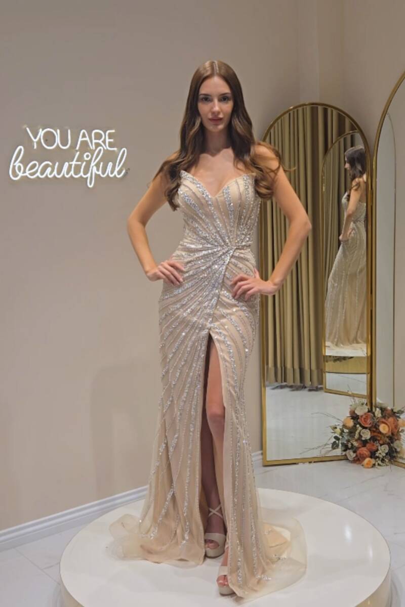 Bej Sivri Yaka İşlemeli Yırtmaçlı İthal Abiye Elbise 16 - 1