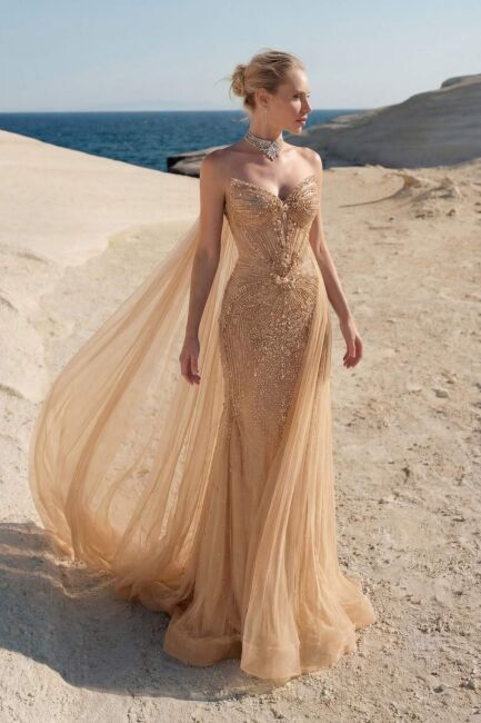 Bej Sivri Yaka Pelerinli Balık İthal Abiye Elbise 24 - 1