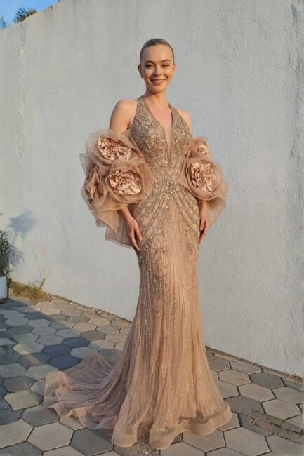 Bej Stafanel Yaka Gül Bolerolu Taşlı İthal Abiye Elbise 41 - DRESSİNG ROOM