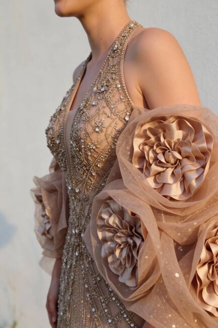 Bej Stafanel Yaka Gül Bolerolu Taşlı İthal Abiye Elbise 41 - 4