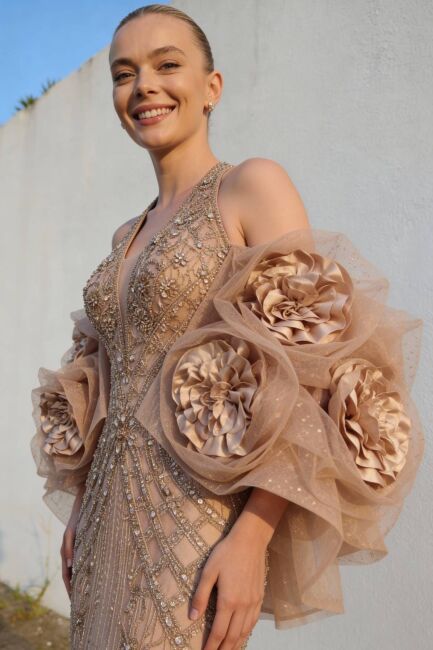 Bej Stafanel Yaka Gül Bolerolu Taşlı İthal Abiye Elbise 41 - 2