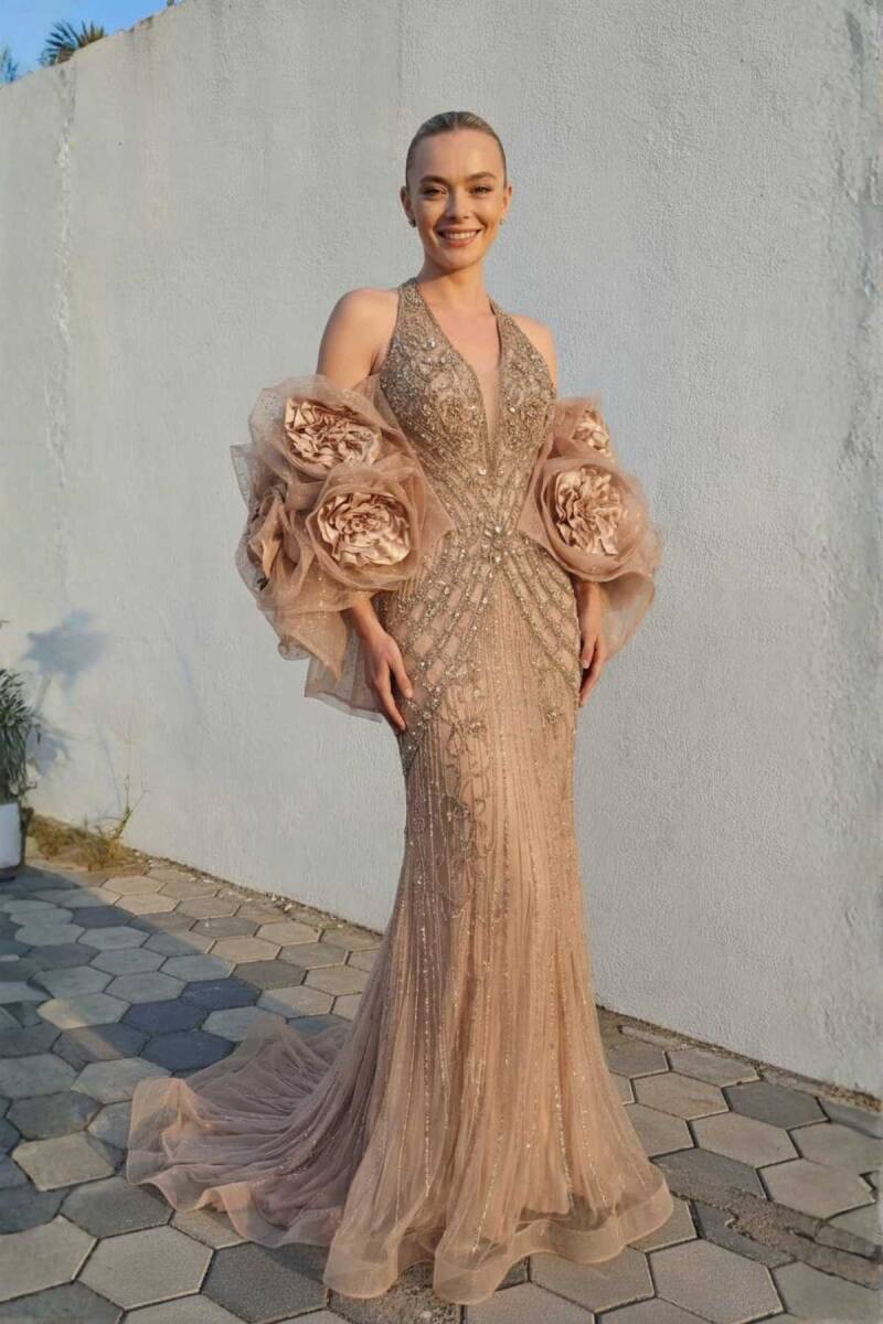 Bej Stafanel Yaka Gül Bolerolu Taşlı İthal Abiye Elbise 41 - 1