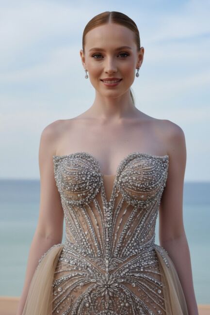 Bej Straplez Balık Takma Etekli İthal Abiye Elbise 36 - 3