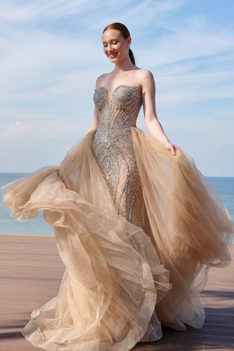 Bej Straplez Balık Takma Etekli İthal Abiye Elbise 36 - 2