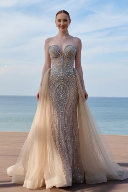 Bej Straplez Balık Takma Etekli İthal Abiye Elbise 36 - DRESSİNG ROOM