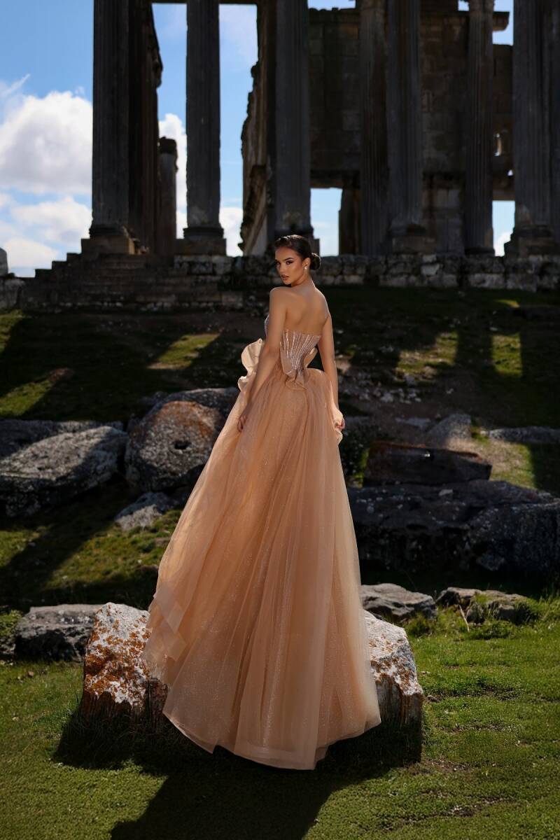 Bej Straplez Balık Takma Etekli İthal Abiye Elbise 36 - 3