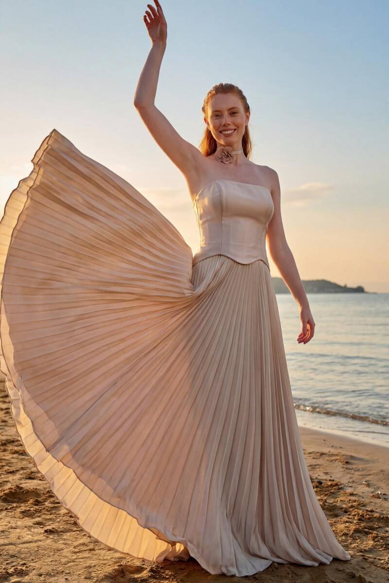 Bej Straplez Eteği Plise Biritli Abiye Elbise 70 - 1