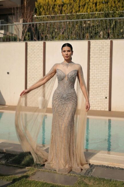 Bej Straplez Pelerinli Sarkanca Taşlı Balık İthal Abiye Elbise 25 - 2