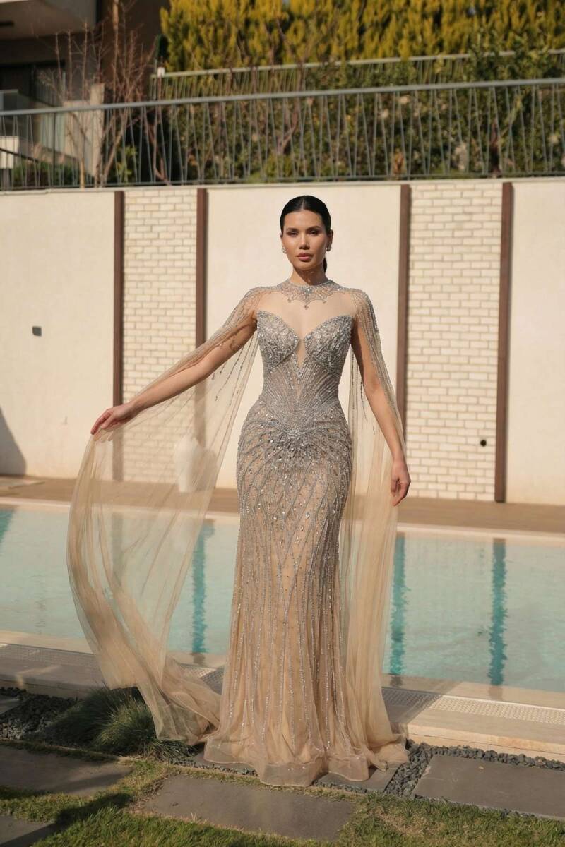 Bej Straplez Pelerinli Sarkanca Taşlı Balık İthal Abiye Elbise 25 - 2