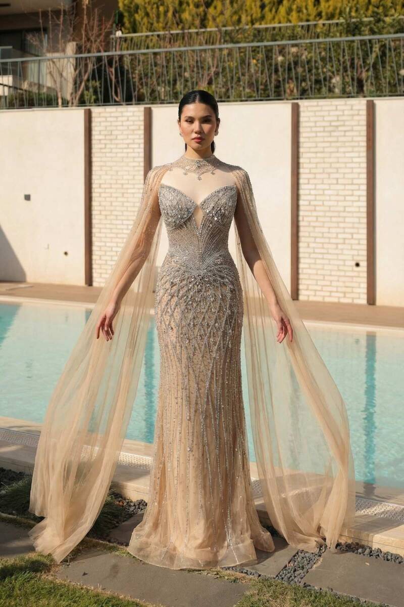 Bej Straplez Pelerinli Sarkanca Taşlı Balık İthal Abiye Elbise 25 - 1