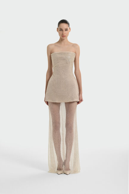 Bej Straplez Taşlı KumaşTransparan Etek Abiye Elbise 72 - 1