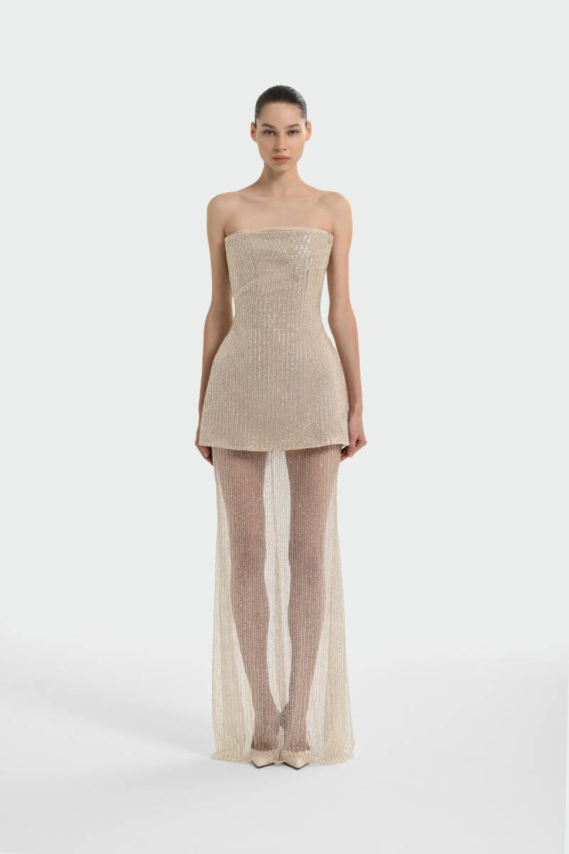 Bej Straplez Taşlı KumaşTransparan Etek Abiye Elbise 72 - 1