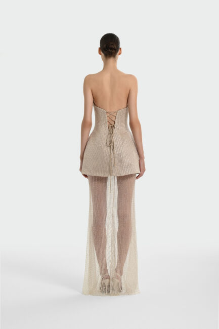 Bej Straplez Taşlı KumaşTransparan Etek Abiye Elbise 72 - 5