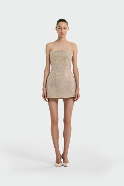 Bej Straplez Taşlı KumaşTransparan Etek Abiye Elbise 72 - 2