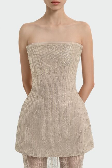 Bej Straplez Taşlı KumaşTransparan Etek Abiye Elbise 72 - 3