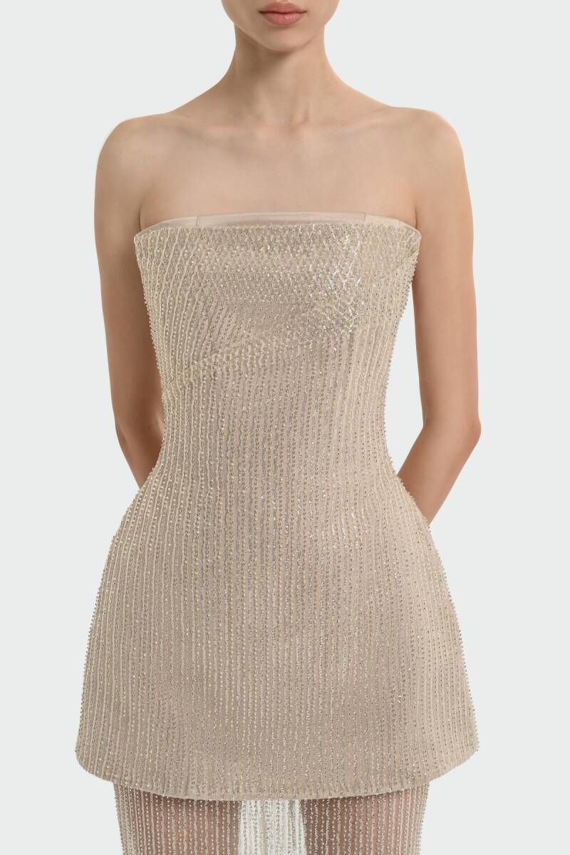 Bej Straplez Taşlı KumaşTransparan Etek Abiye Elbise 72 - 3